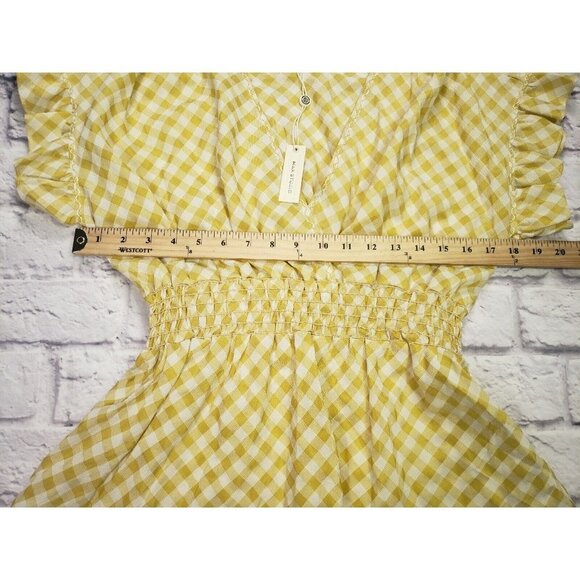 Max Studio Womens Size Large Yellow White Gingham Check Short-Sleeve Blouse - Picture 6 of 7